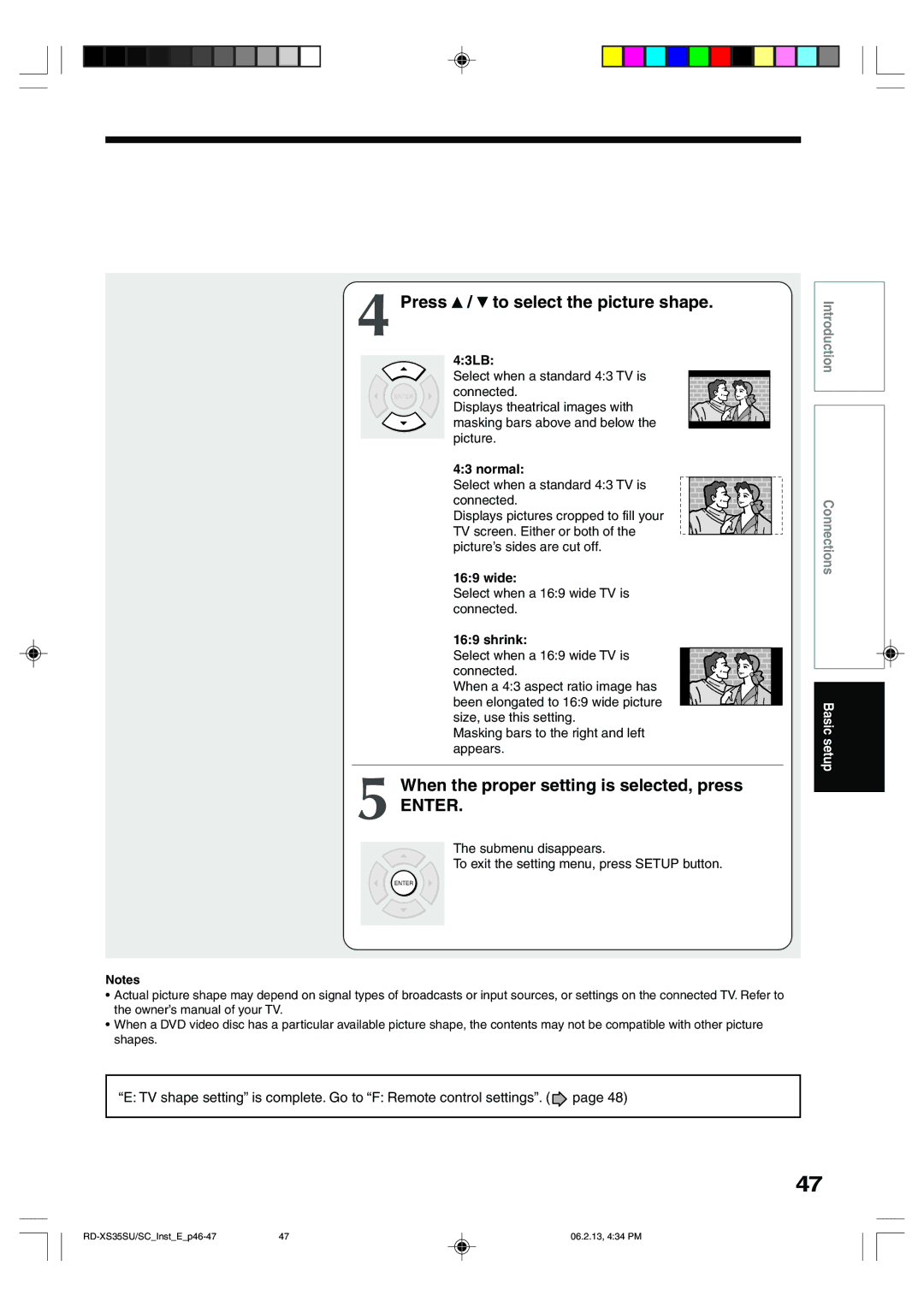 Sony RD-XS35SC, RD-XS35SU owner manual Press / to select the picture shape, When the proper setting is selected, press 