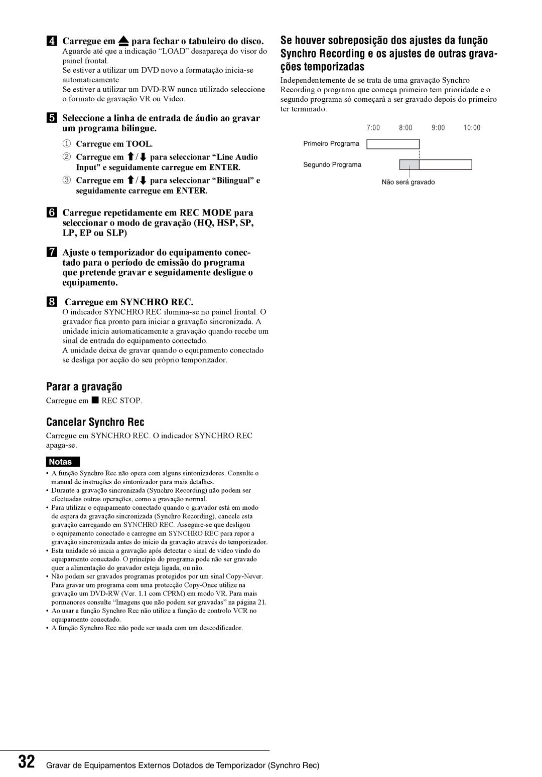 Sony RDR-GX7 manual Cancelar Synchro Rec, Carregue em Synchro REC. O indicador Synchro REC apaga-se 