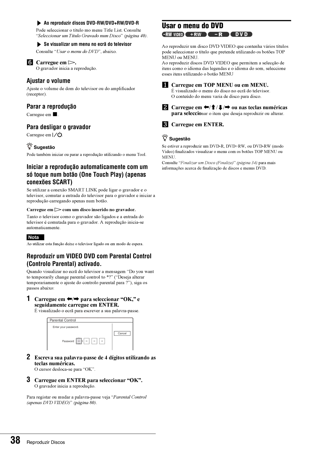 Sony RDR-GX7 manual Usar o menu do DVD, Parar a reprodução, Para desligar o gravador, Carregue em TOP Menu ou em Menu 