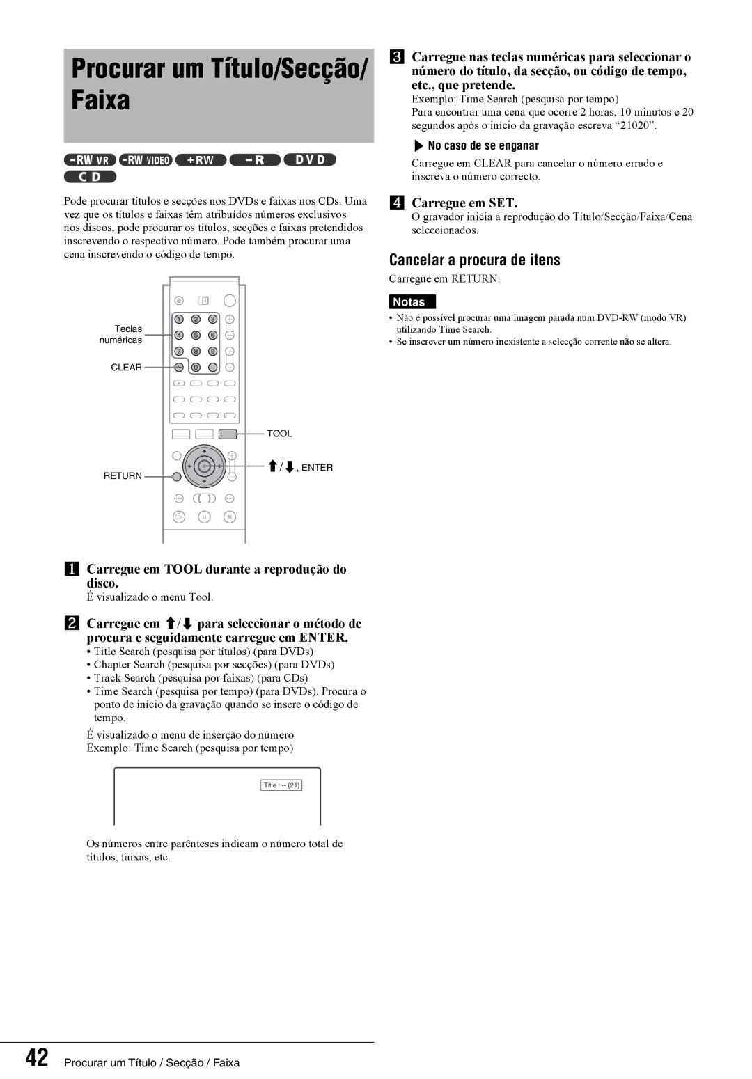 Sony RDR-GX7 manual Procurar um Título/Secção/ Faixa, Cancelar a procura de itens, Carregue em SET 