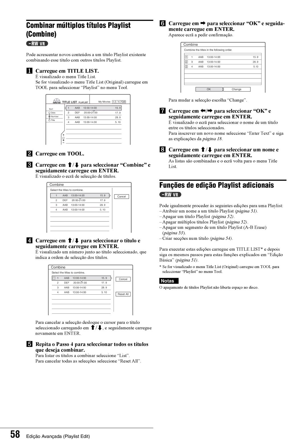 Sony RDR-GX7 manual Combinar múltiplos títulos Playlist Combine, Funções de edição Playlist adicionais 