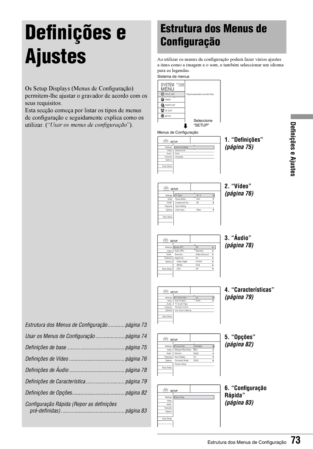 Sony RDR-GX7 manual Definições e Ajustes, Configuração 