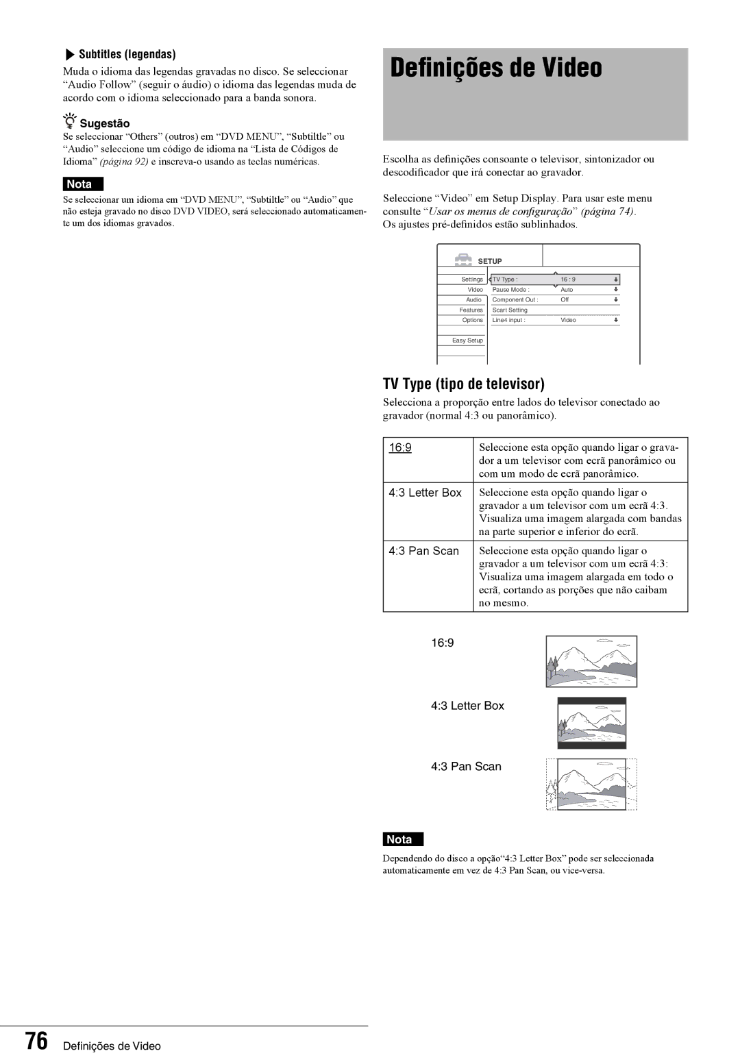 Sony RDR-GX7 manual Definições de Video, TV Type tipo de televisor, Subtitles legendas 