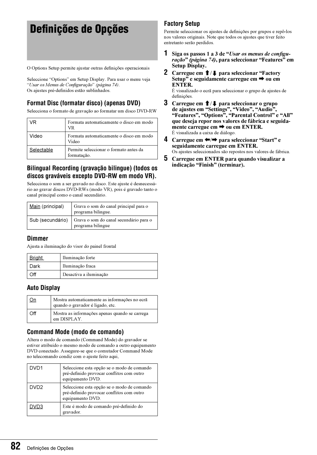 Sony RDR-GX7 manual Definições de Opções 