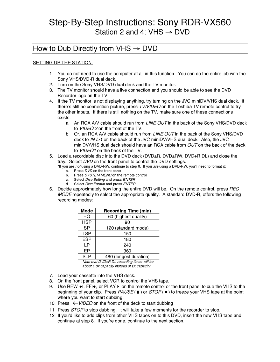 Sony manual Step-By-Step Instructions Sony RDR-VX560, Setting UP the Station, Mode Recording Time min, Hsp 