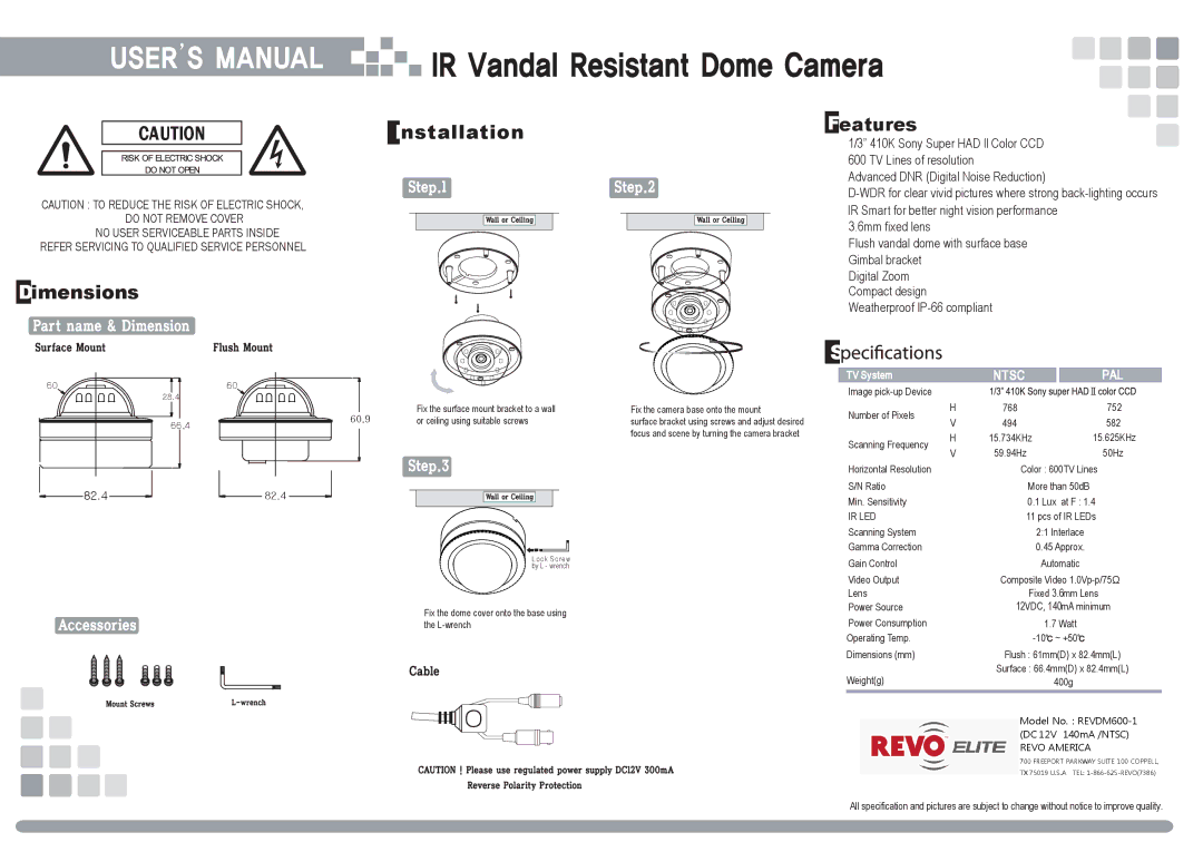 Sony REVDM600-1 dimensions Dimensions, Features, Pal, Ir Led 