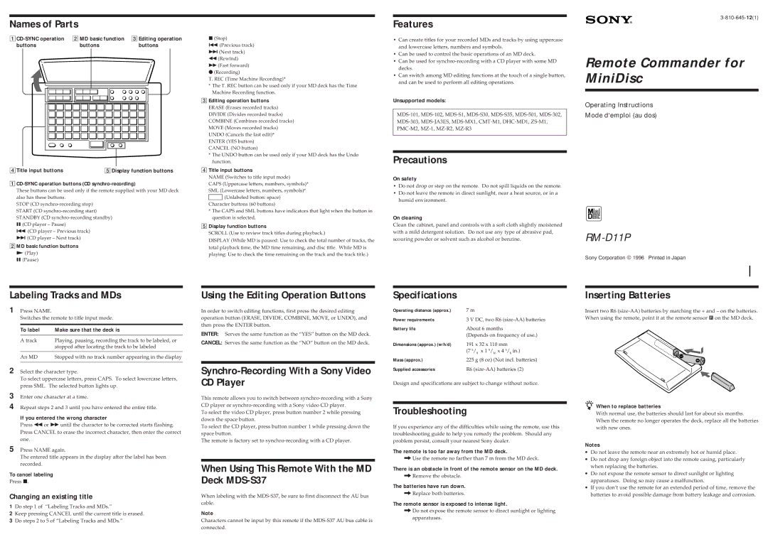 Sony RM-D11P operating instructions Names of Parts, Features, Precautions, Labeling Tracks and MDs, Specifications 