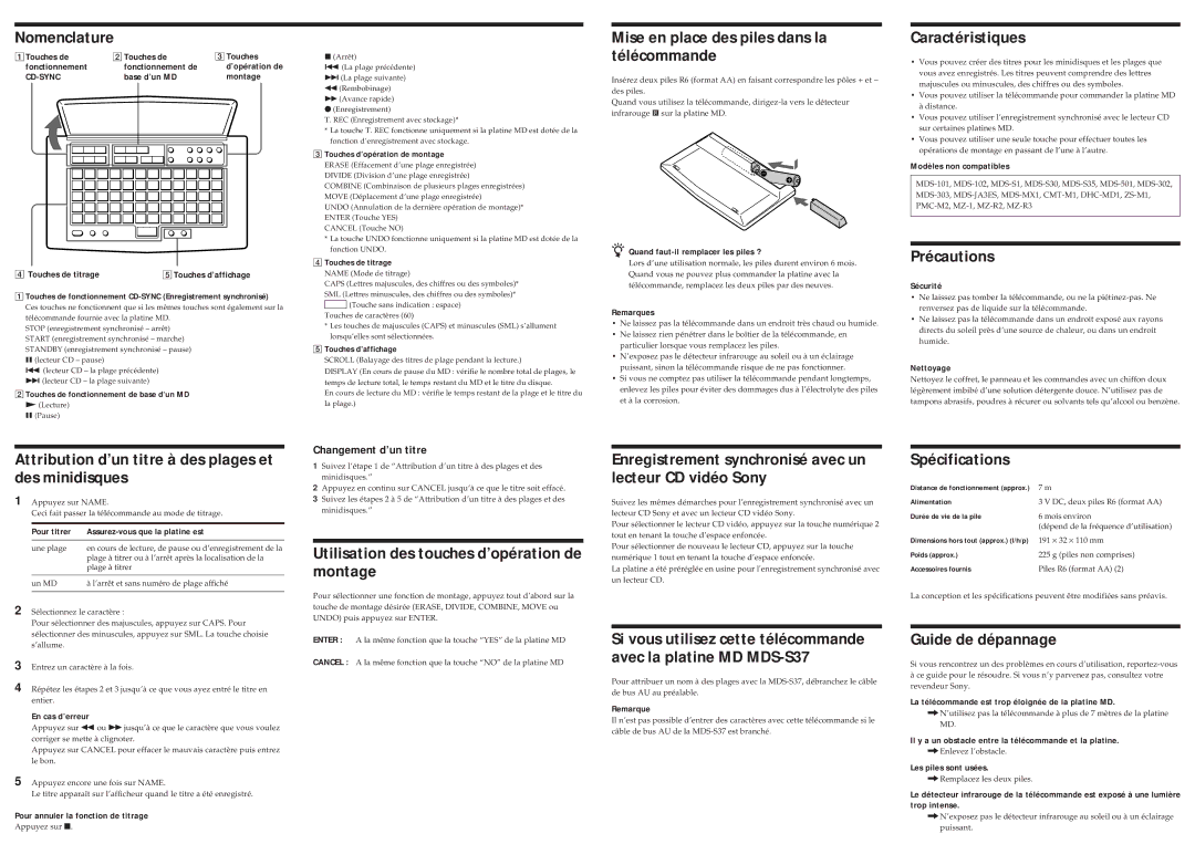 Sony RM-D11P Nomenclature, Mise en place des piles dans la télécommande, Caractéristiques, Précautions, Spécifications 