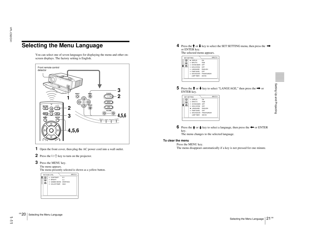 Sony VPL-CX1, RM-PJM10 service manual Selecting the Menu Language, Or Enter key Selected menu appears 