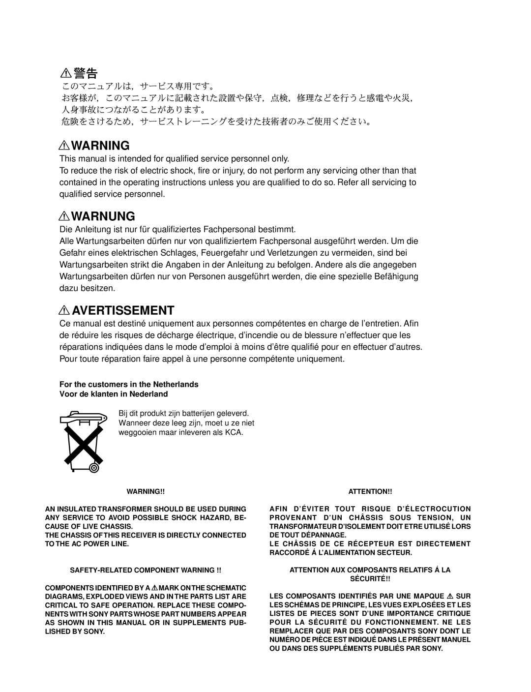 Sony RM-PJM10, VPL-CX1 service manual Warnung 