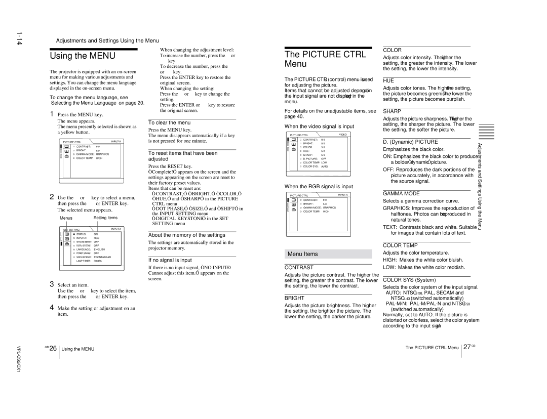 Sony RM-PJM10, VPL-CX1 service manual Menu Items 