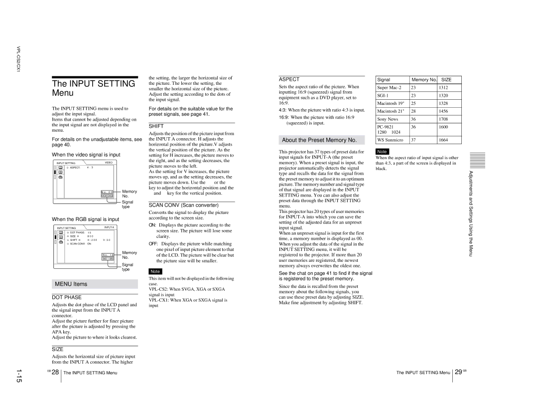 Sony VPL-CX1, RM-PJM10 service manual About the Preset Memory No, When the video signal is input, Scan Conv Scan converter 