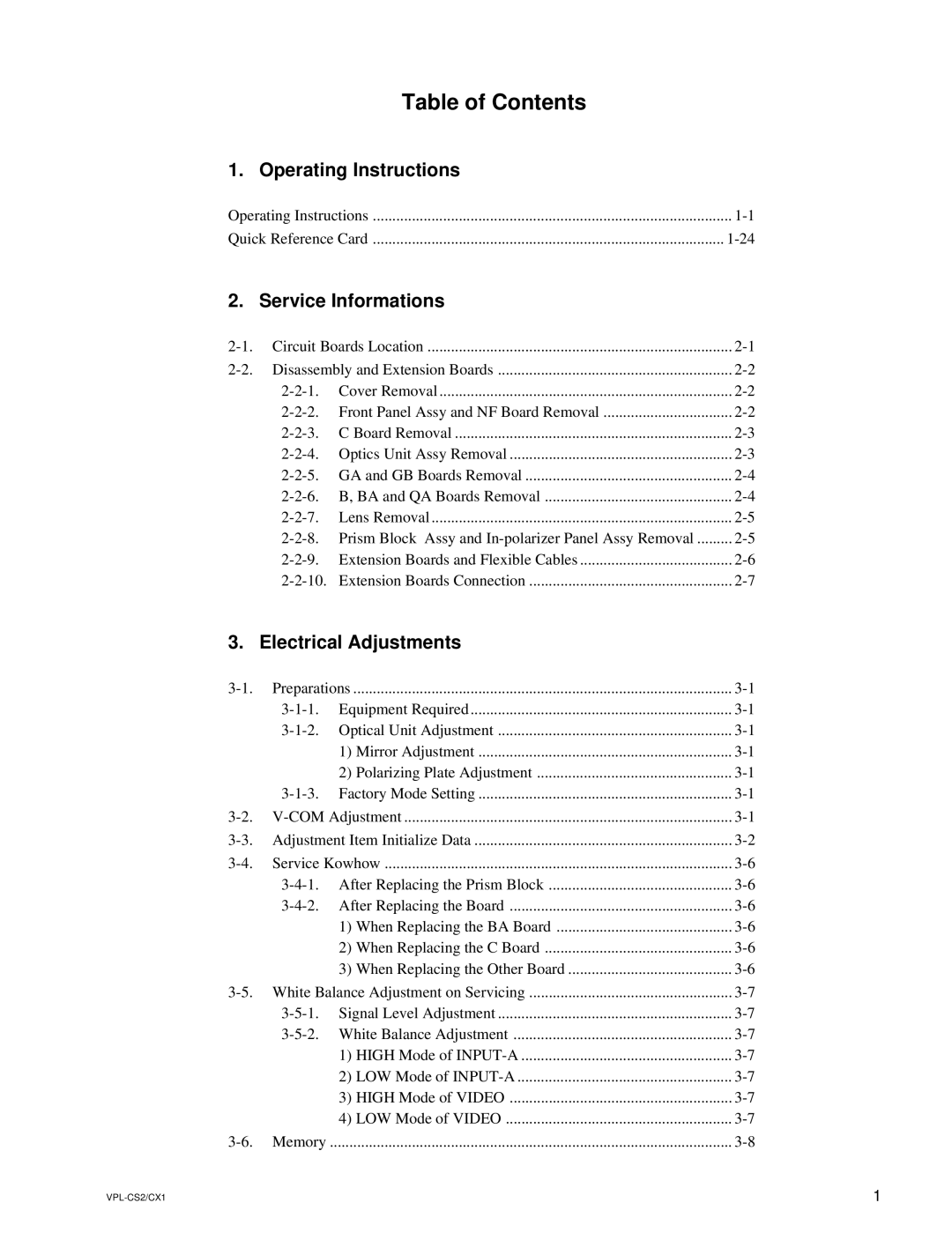 Sony VPL-CX1, RM-PJM10 service manual Table of Contents 