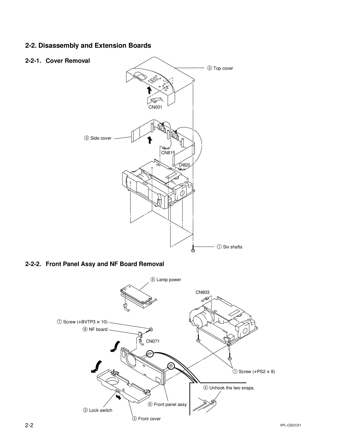 Sony RM-PJM10, VPL-CX1 service manual Disassembly and Extension Boards, Cover Removal, Front Panel Assy and NF Board Removal 