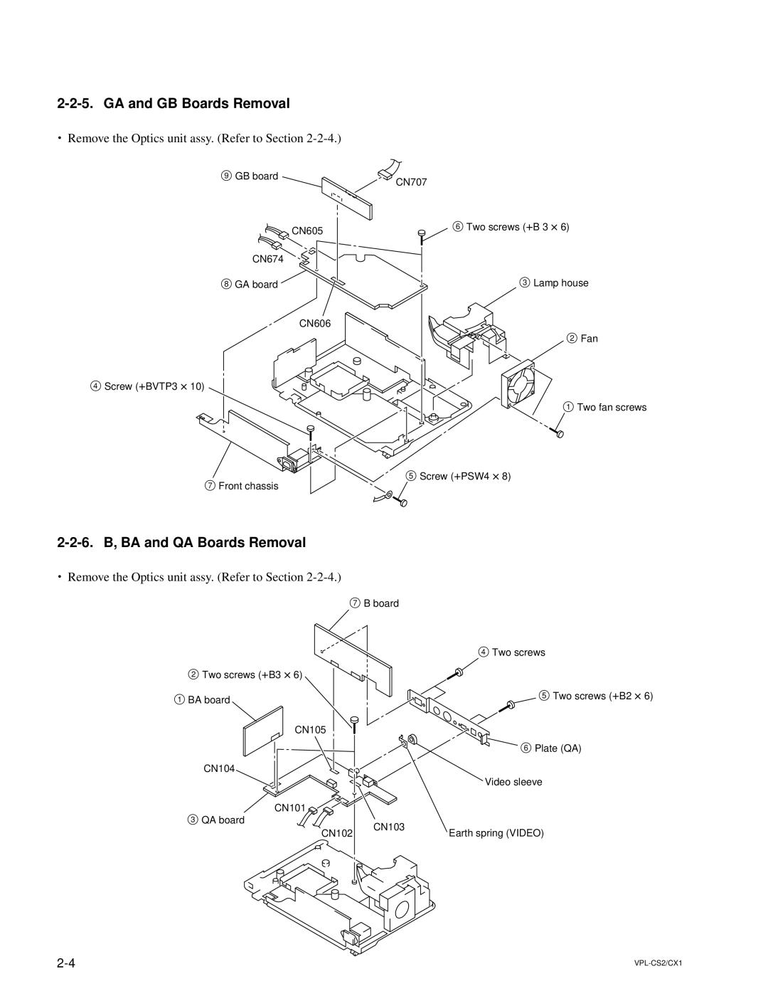 Sony RM-PJM10, VPL-CX1 service manual GA and GB Boards Removal, 6. B, BA and QA Boards Removal 