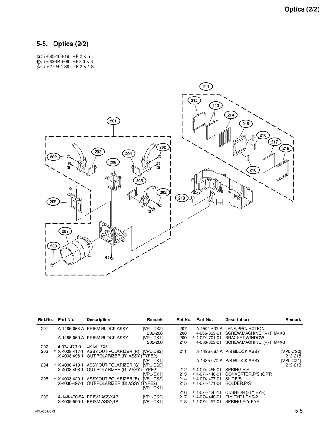 Sony VPL-CX1, RM-PJM10 Optics 2/2, 211 212 213 214 201 215 216 217, 218, 203204 202 206 216 205 210 209 207 208 