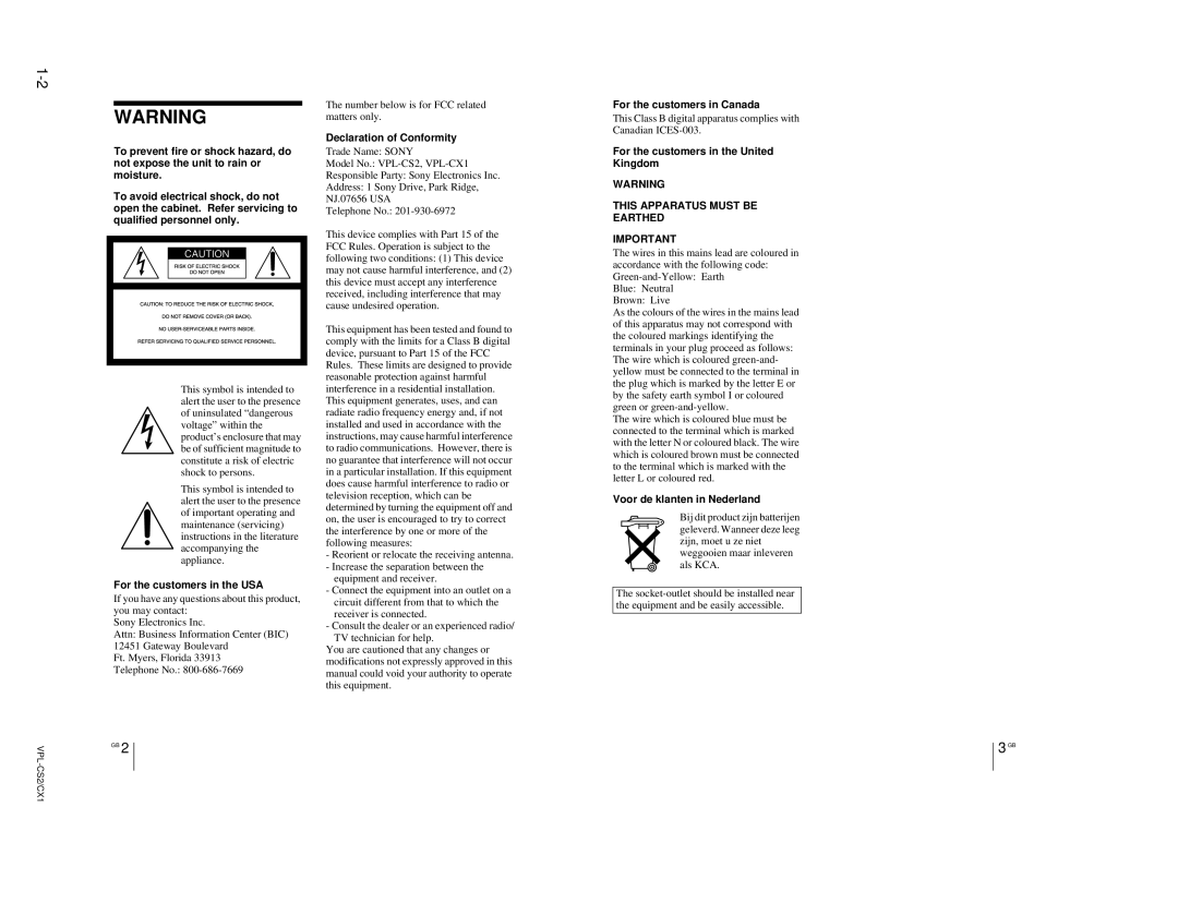 Sony RM-PJM10, VPL-CX1 service manual Declaration of Conformity, Voor de klanten in Nederland 