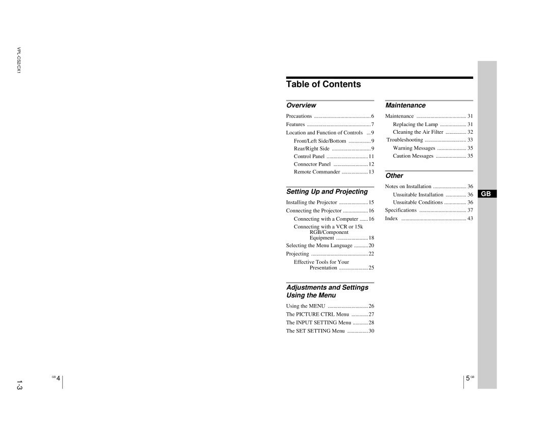 Sony VPL-CX1, RM-PJM10 service manual Table of Contents 