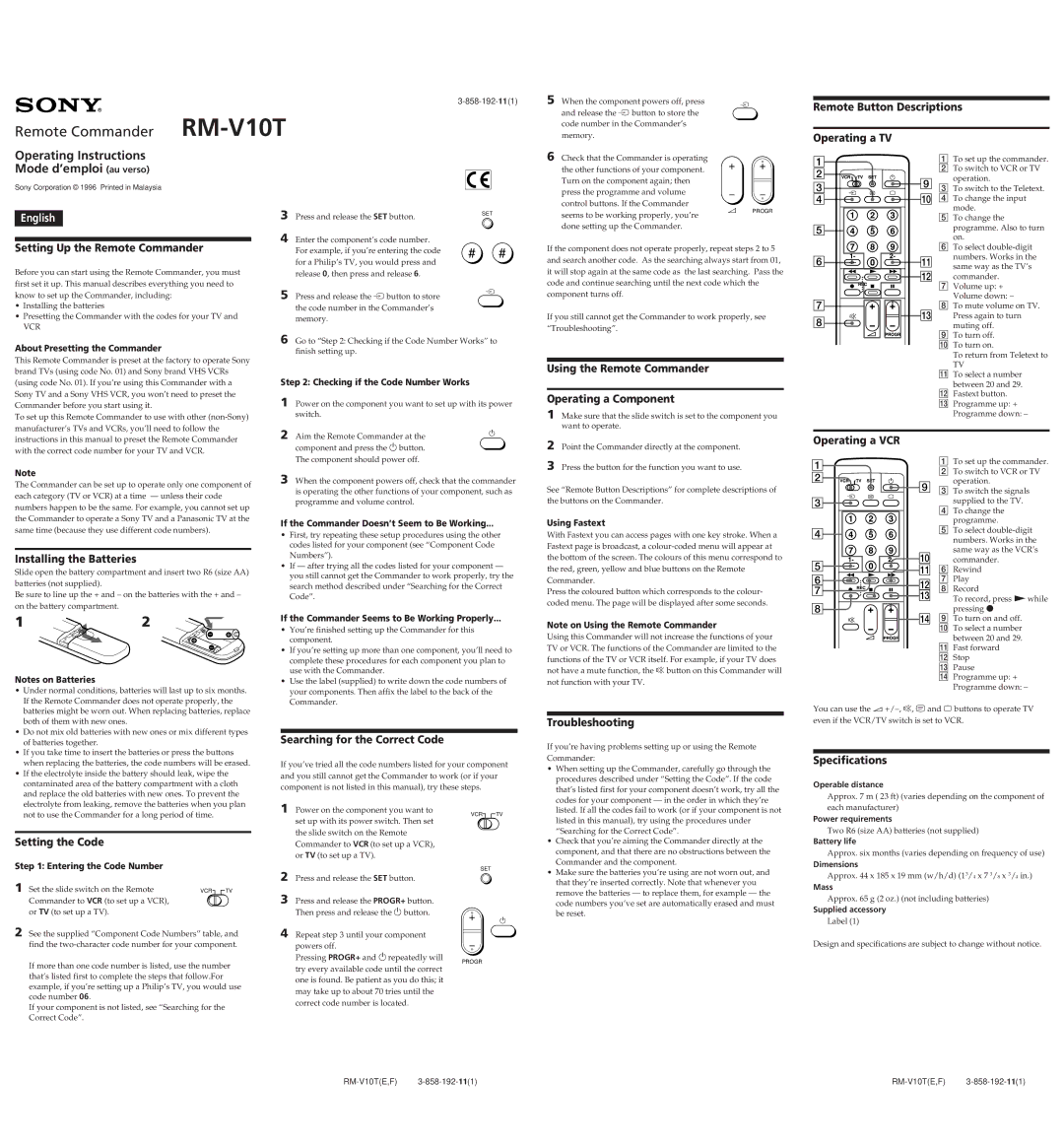 Sony RM-V10T operating instructions Remote Button Descriptions Operating a TV, Setting Up the Remote Commander 