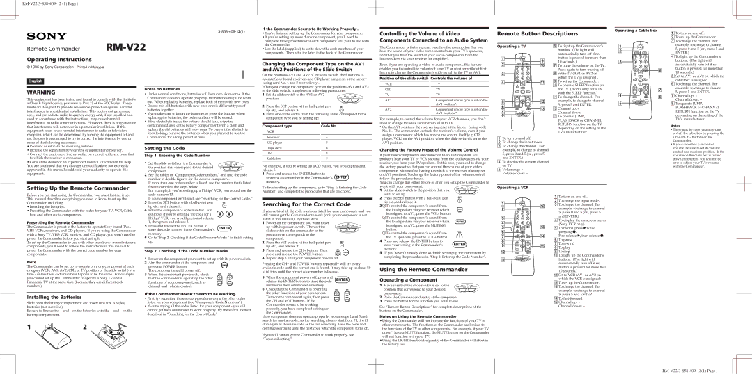 Sony RM-V22 operating instructions Controlling the Volume of Video Remote Button Descriptions, Operating Instructions 