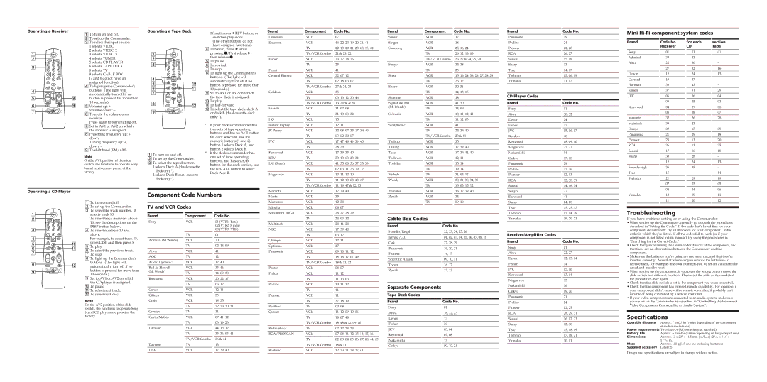 Sony RM-V22 operating instructions Troubleshooting, Specifications 