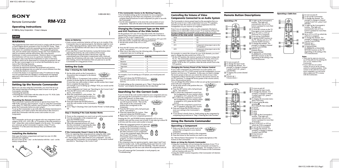 Sony RM-V22 operating instructions Controlling the Volume of Video, Remote Button Descriptions, Operating Instructions 