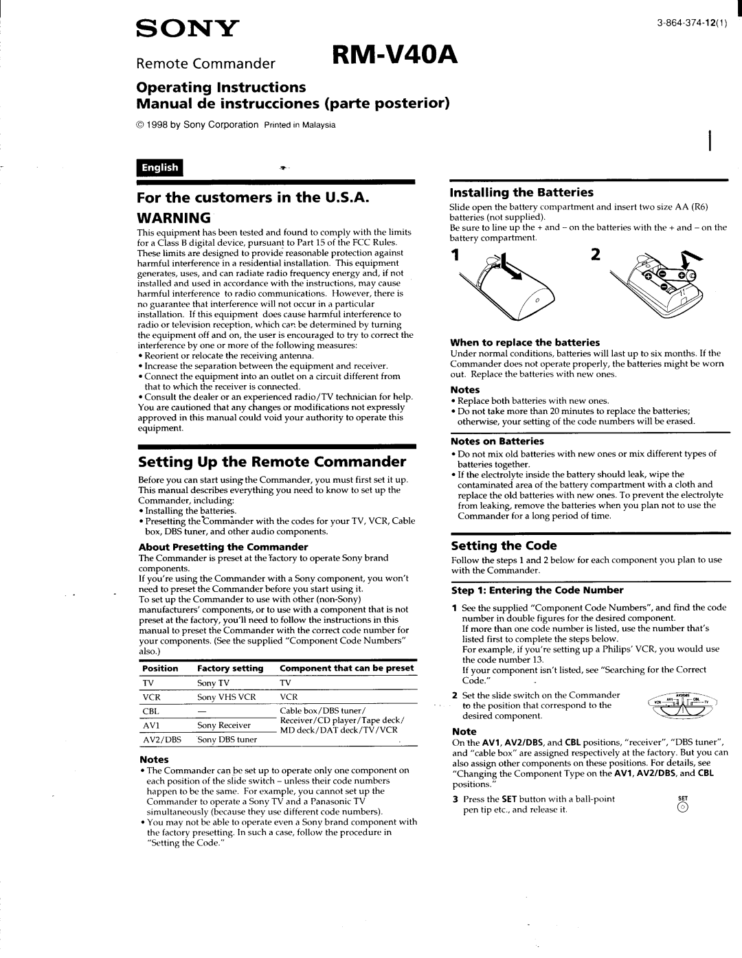 Sony RM-V40A manual 