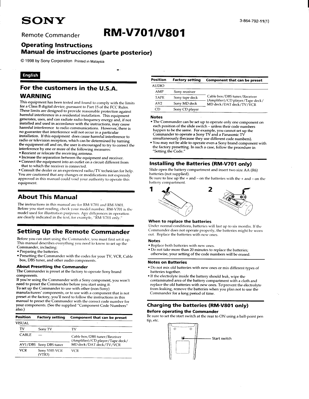 Sony RM-V801, RM-V701 manual 