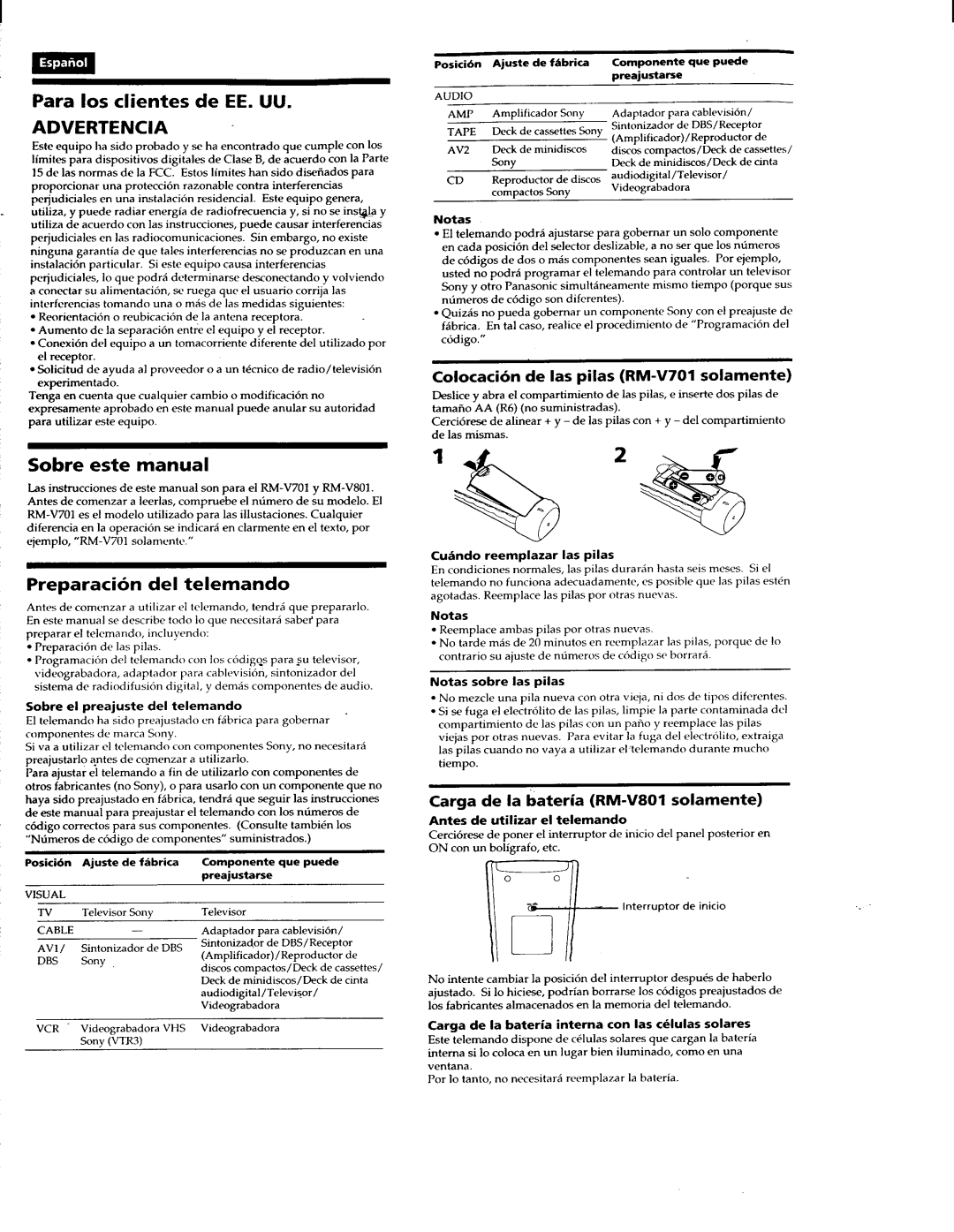 Sony RM-V801, RM-V701 manual 