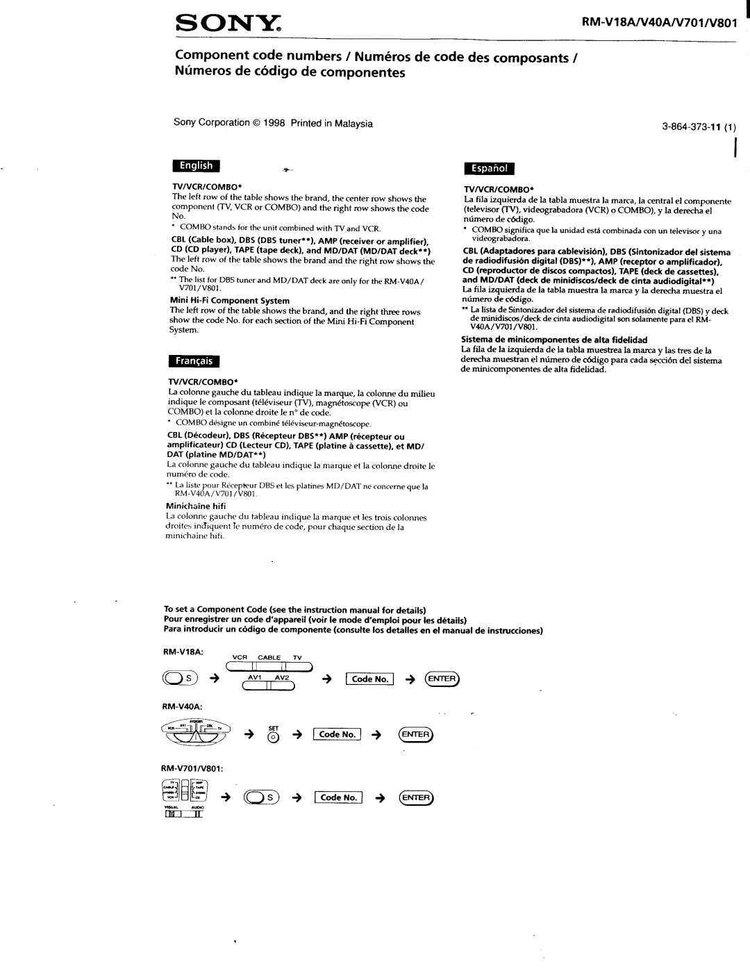 Sony RM-V801, RM-V701 manual 