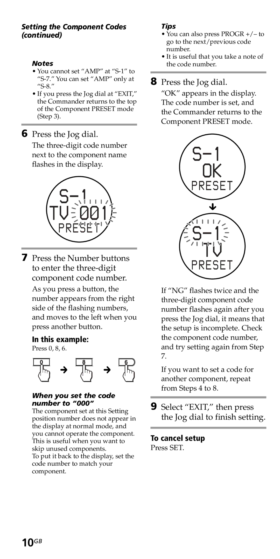 Sony RM-VZ950T operating instructions 10GB, This example, To cancel setup, When you set the code number to, Tips 