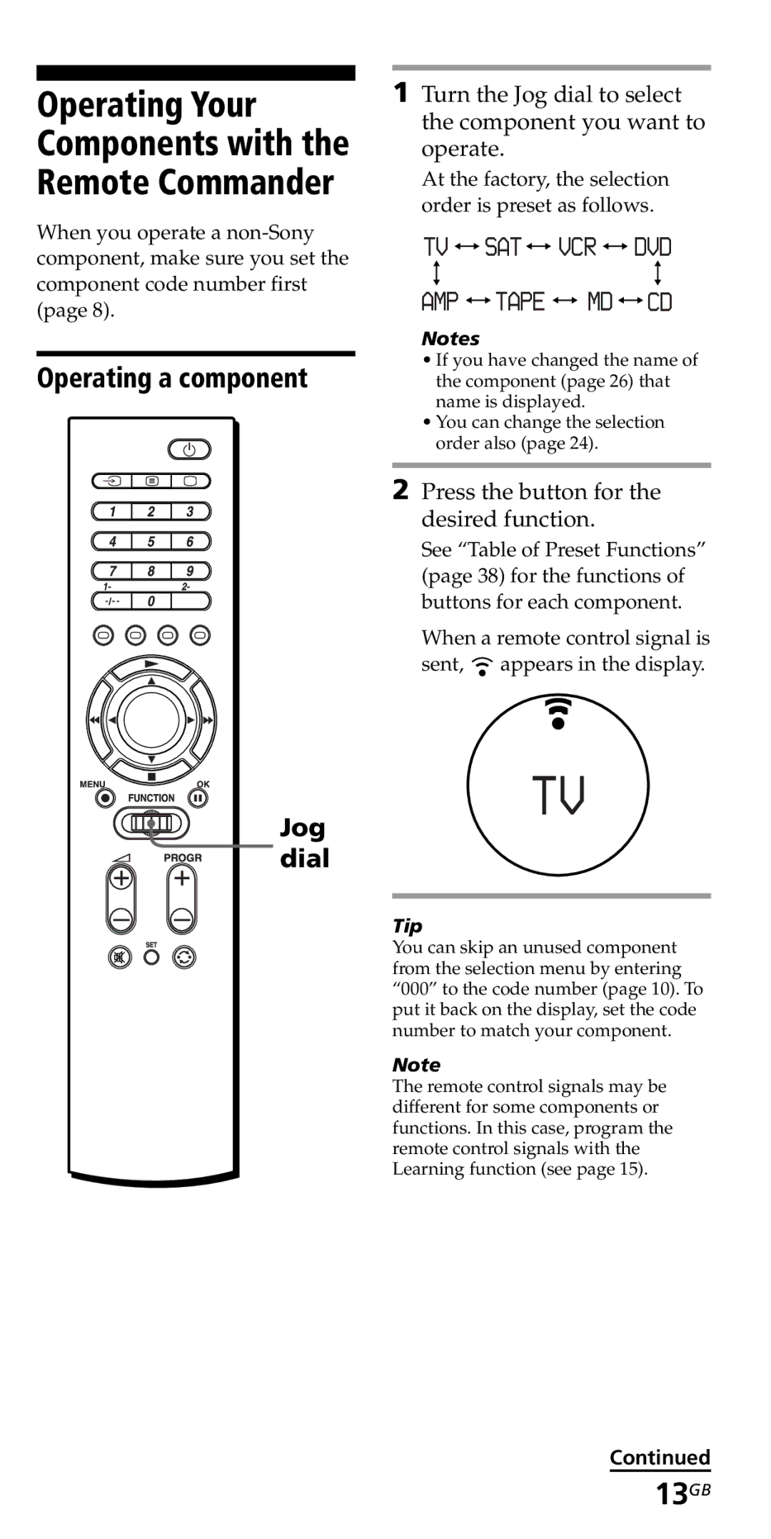 Sony RM-VZ950T operating instructions Operating Your Components with the Remote Commander, 13GB, Operating a component 