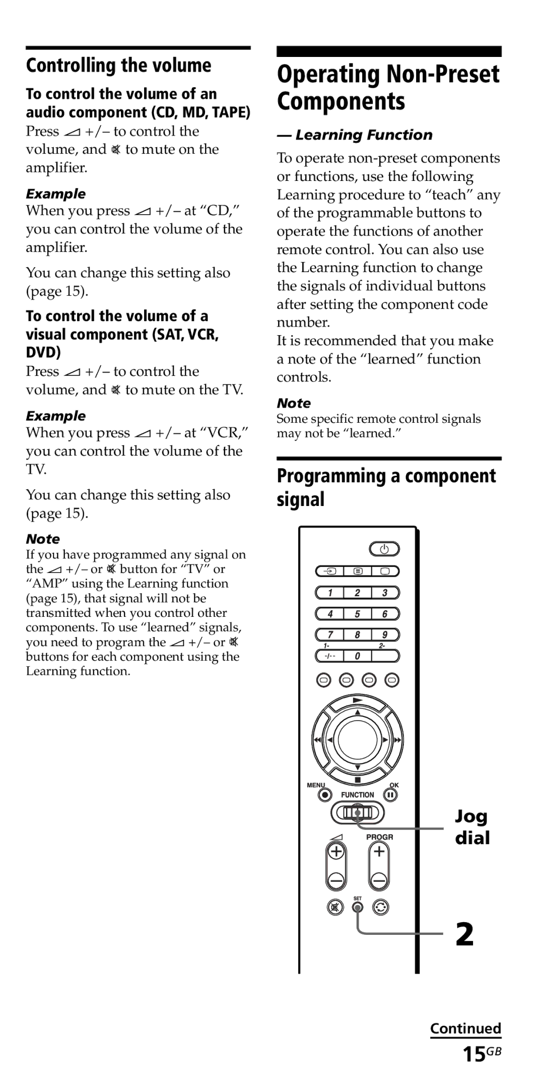 Sony RM-VZ950T Operating Non-Preset Components, 15GB, Controlling the volume, Programming a component signal 