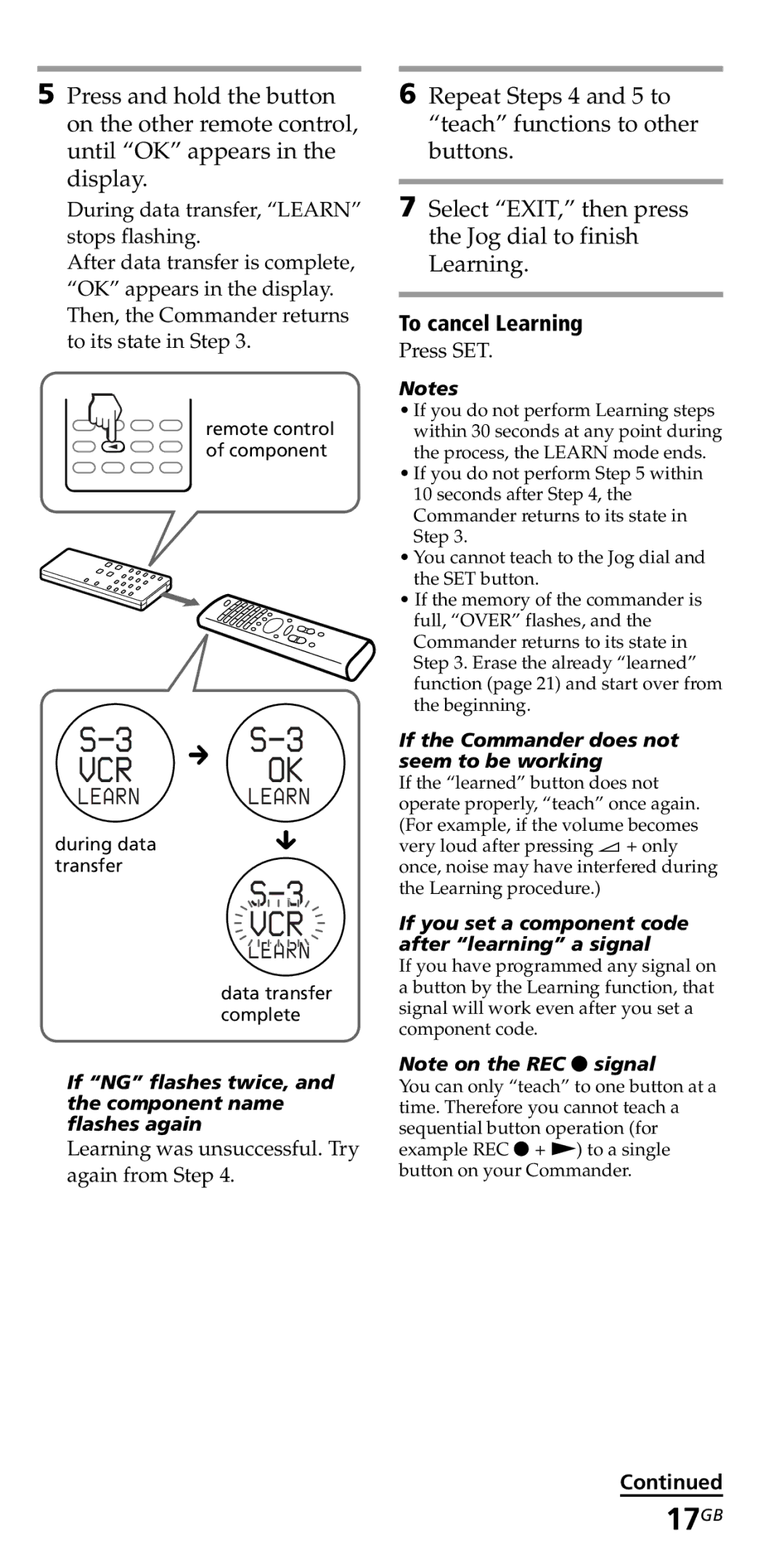 Sony RM-VZ950T operating instructions 17GB, To cancel Learning, If NG flashes twice, and the component name flashes again 