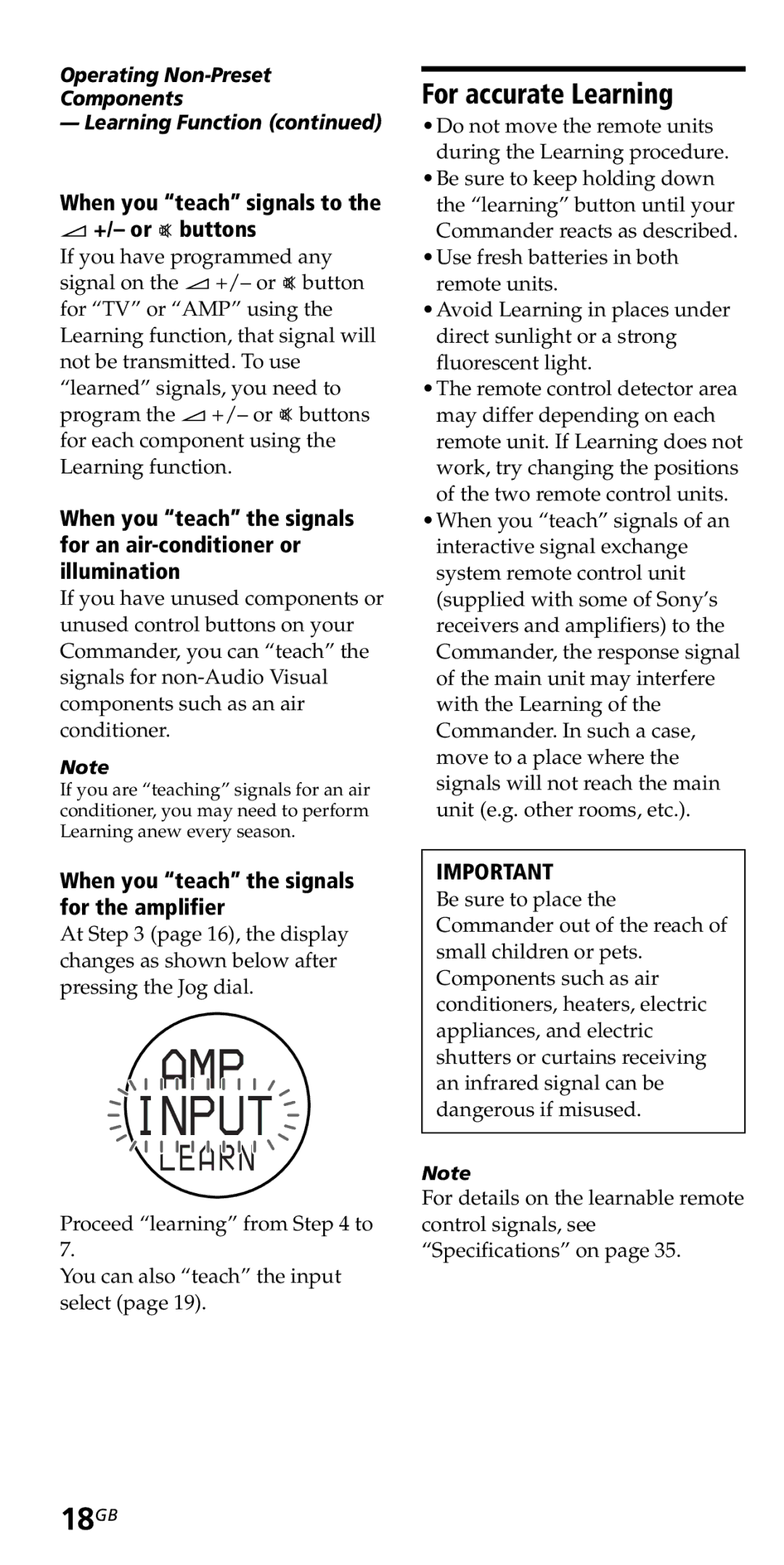 Sony RM-VZ950T operating instructions Input, 18GB, For accurate Learning, When you teach signals to +/- or buttons 