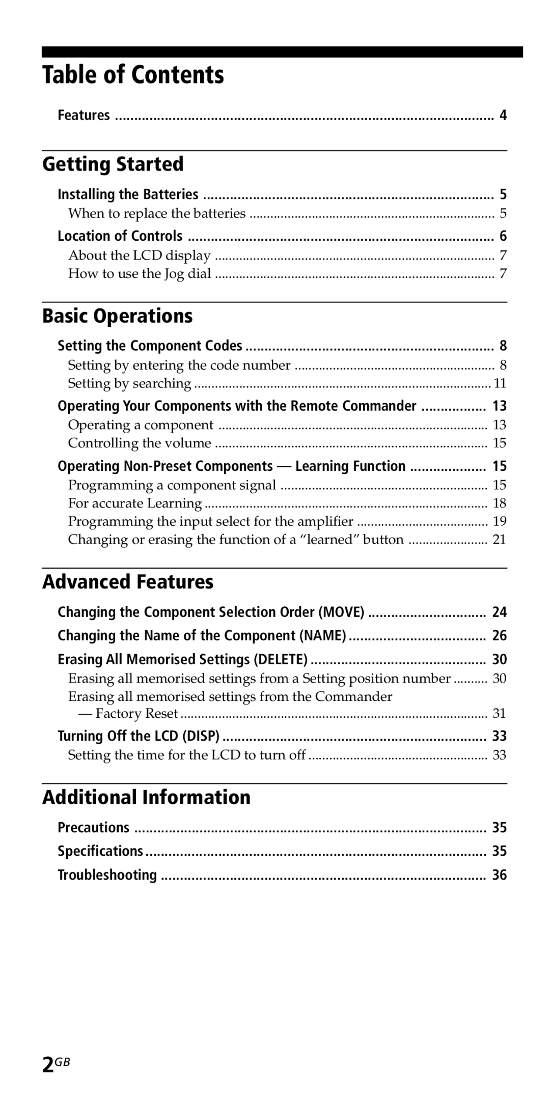 Sony RM-VZ950T operating instructions Table of Contents 