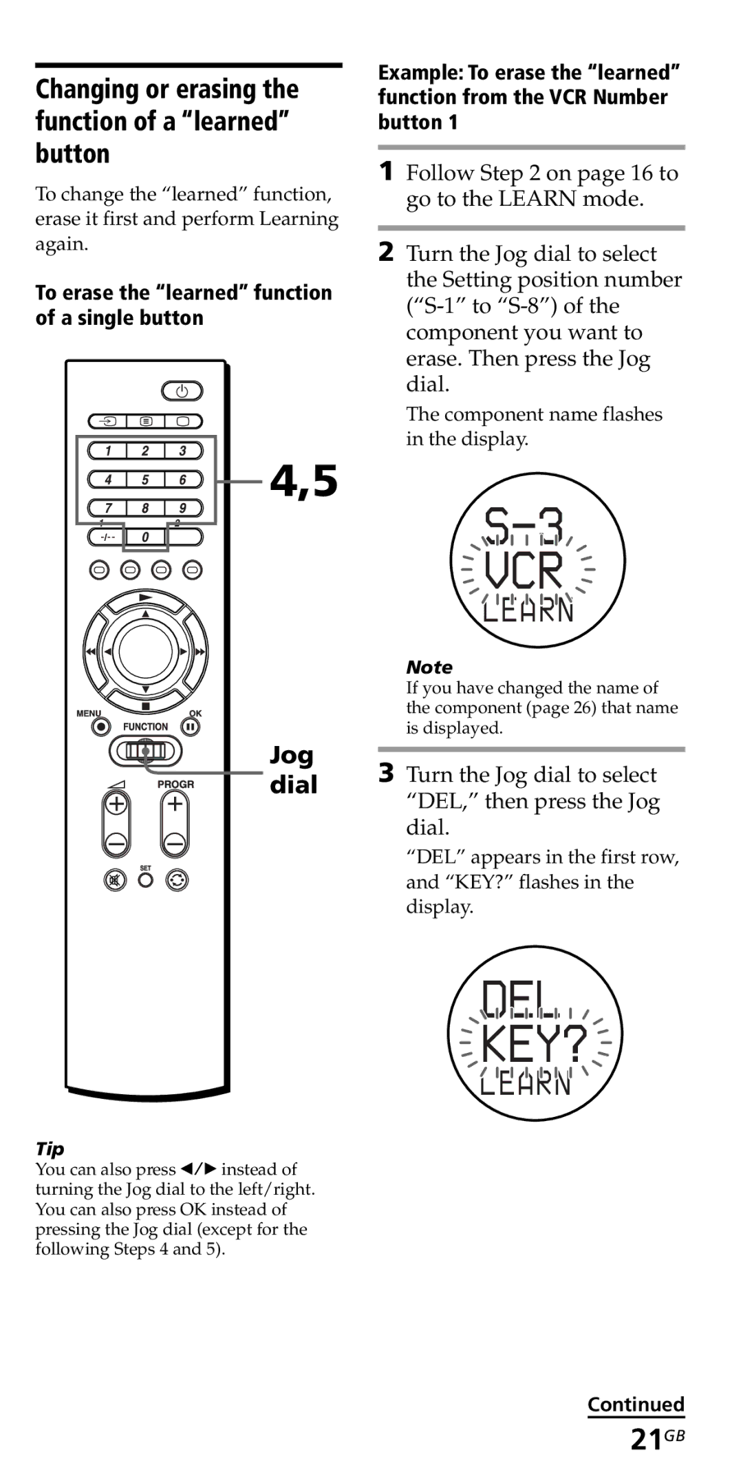 Sony RM-VZ950T operating instructions 21GB, Changing or erasing the function of a learned button 