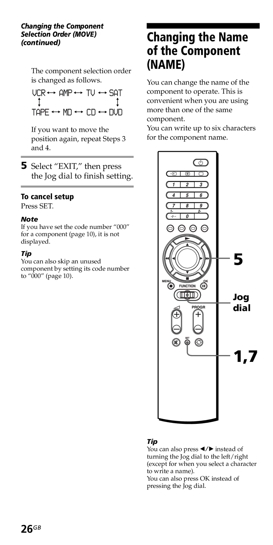 Sony RM-VZ950T 26GB, Changing the Name of the Component Name, Changing the Component Selection Order Move 