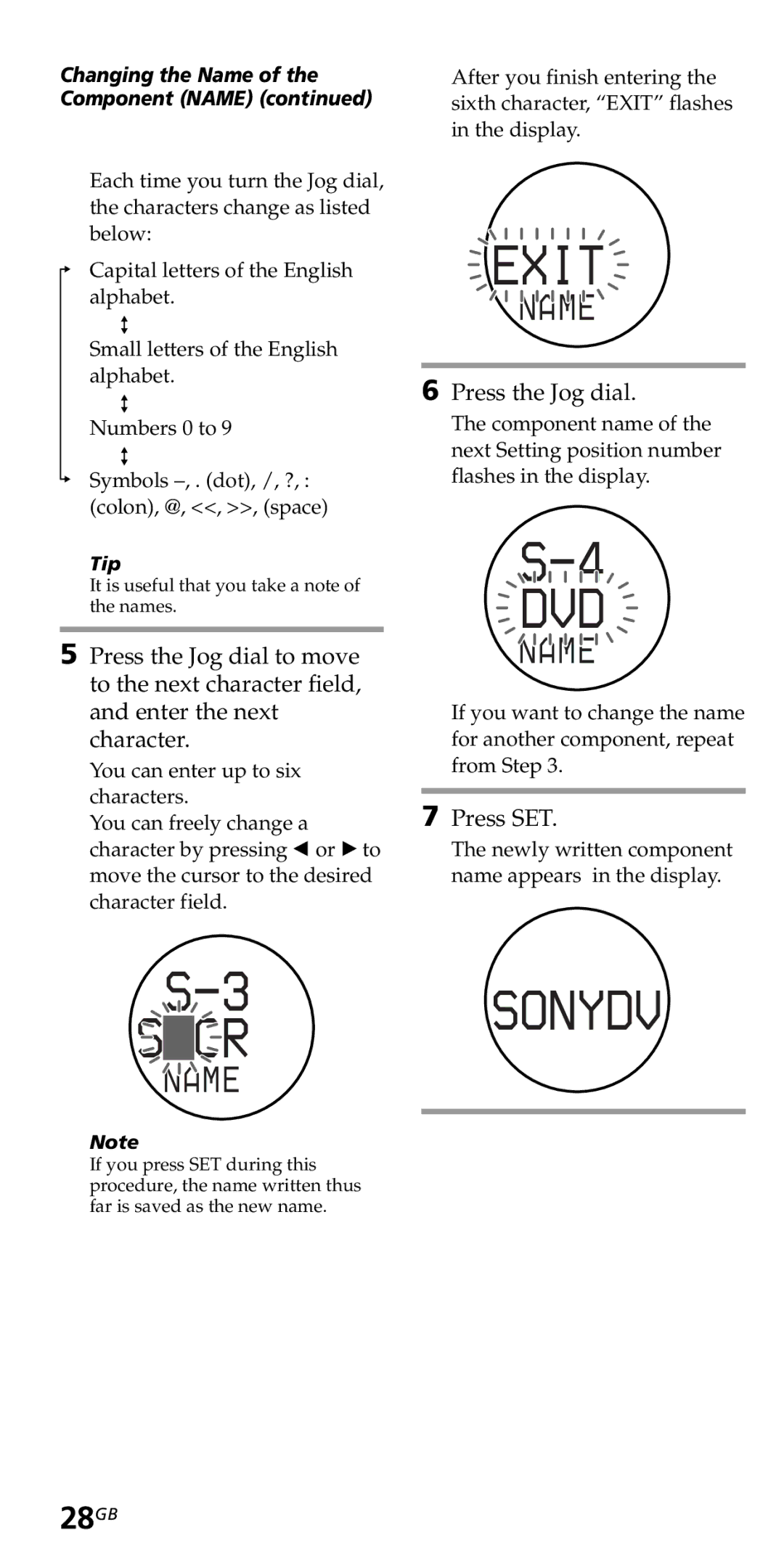 Sony RM-VZ950T operating instructions Exit, 28GB, Changing the Name of the Component Name 