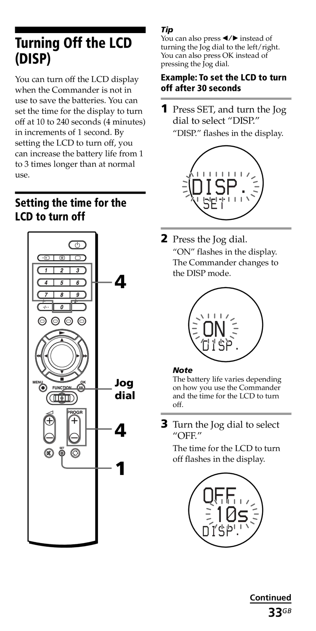 Sony RM-VZ950T operating instructions Turning Off the LCD Disp, 33GB, Setting the time for the LCD to turn off 