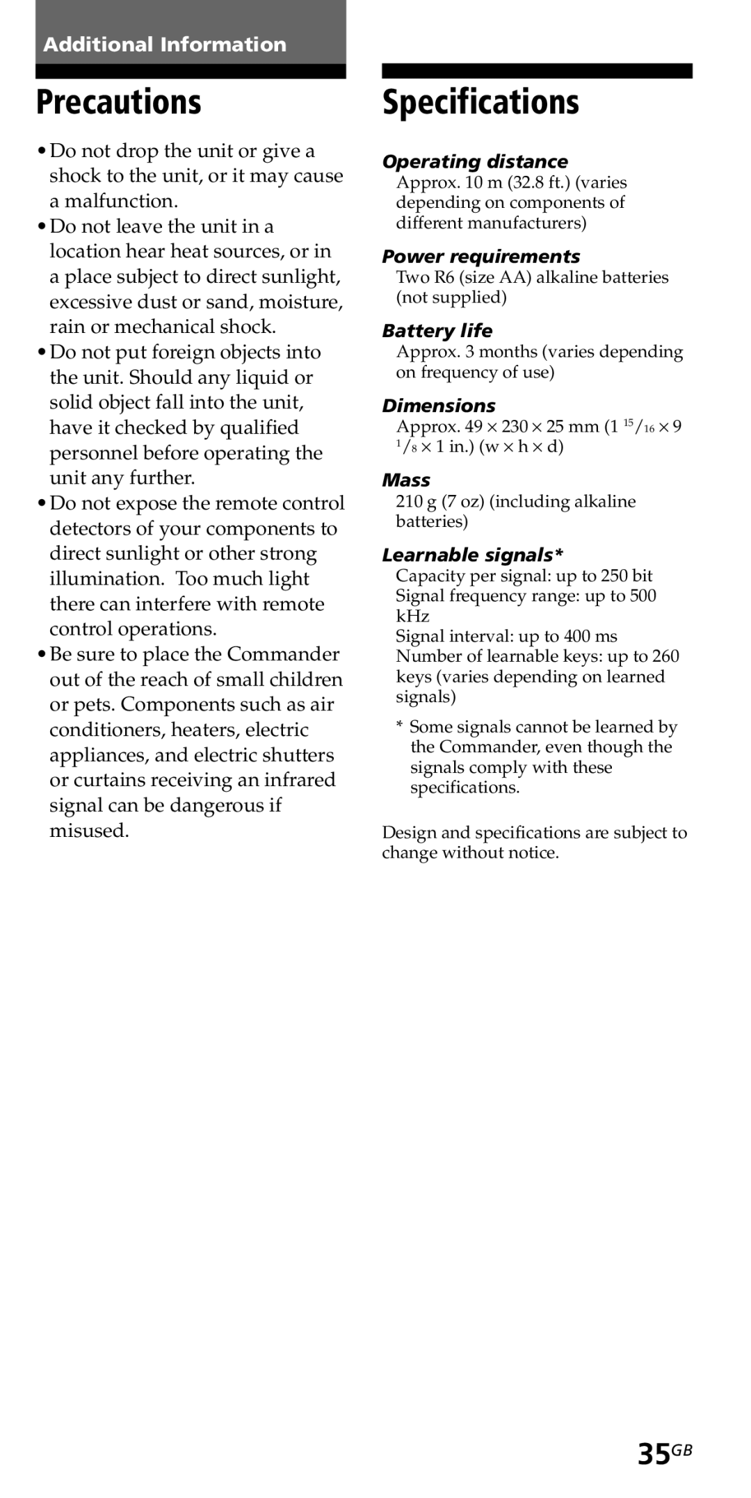 Sony RM-VZ950T operating instructions Precautions, Specifications, 35GB 