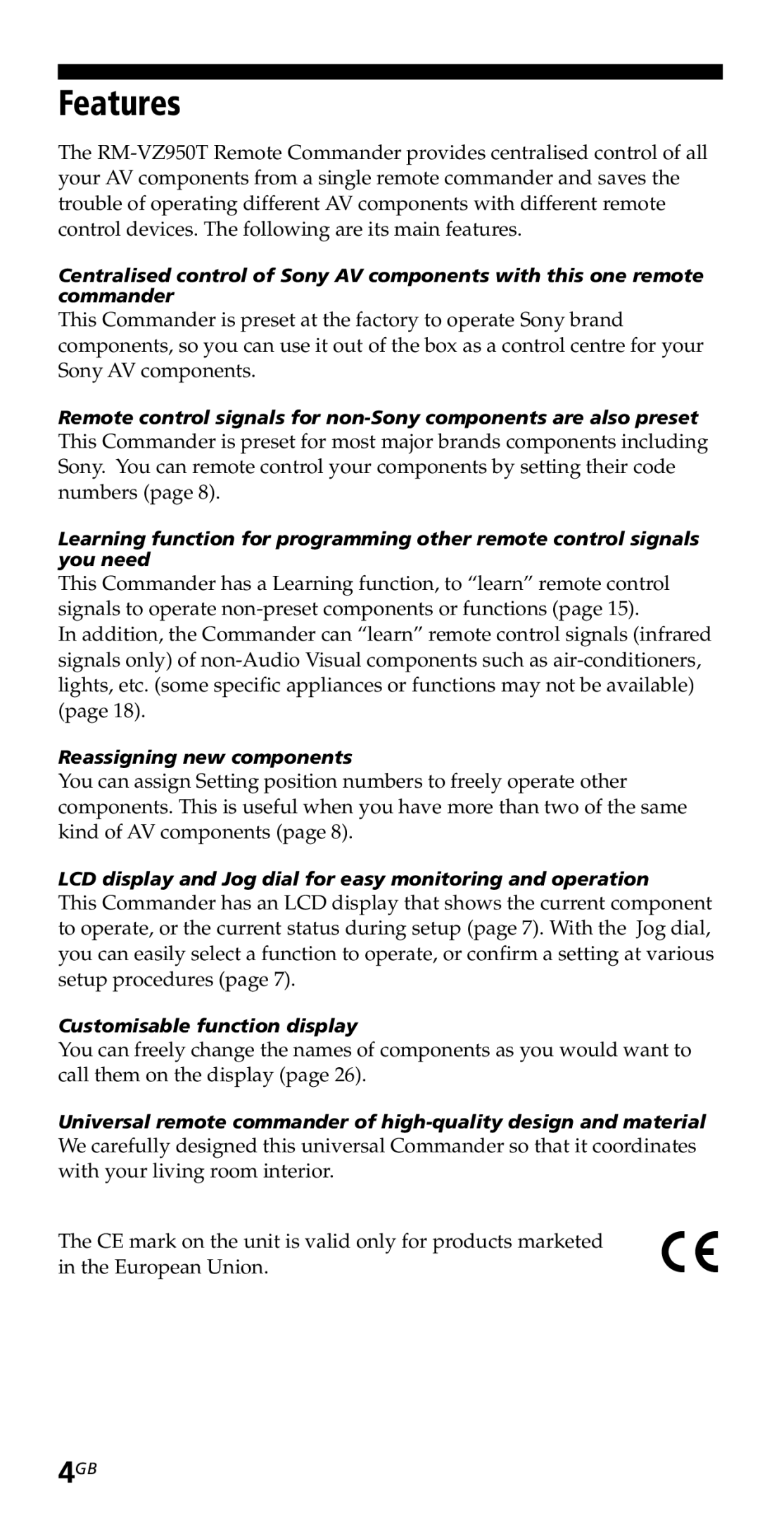 Sony RM-VZ950T Features, Reassigning new components, LCD display and Jog dial for easy monitoring and operation 