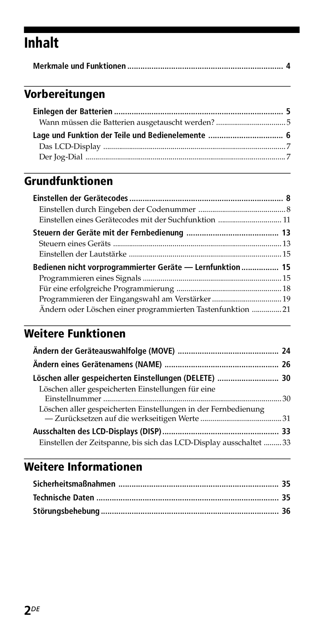 Sony RM-VZ950T operating instructions Inhalt, Vorbereitungen, Grundfunktionen, Weitere Funktionen, Weitere Informationen 