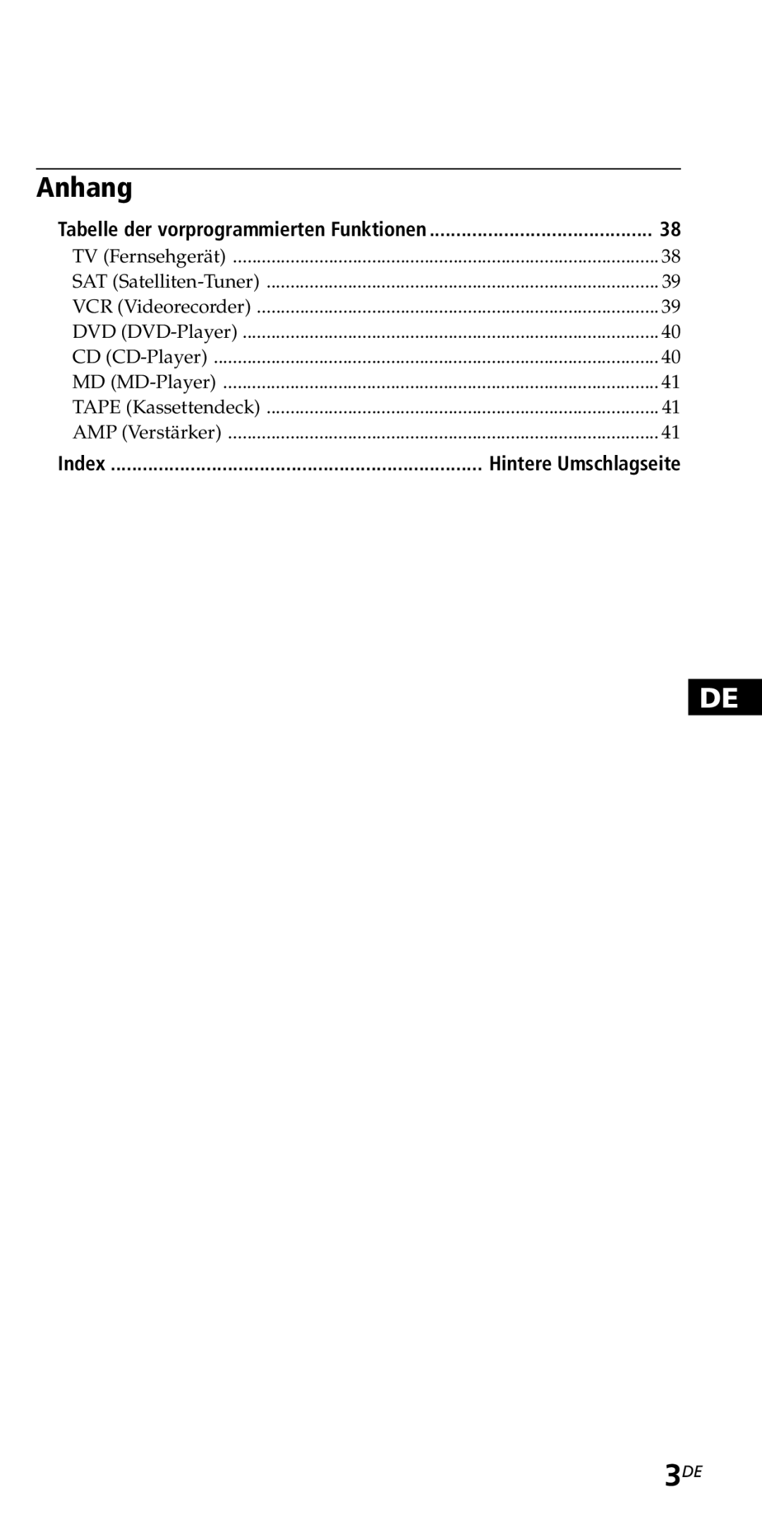 Sony RM-VZ950T operating instructions Anhang, Hintere Umschlagseite 