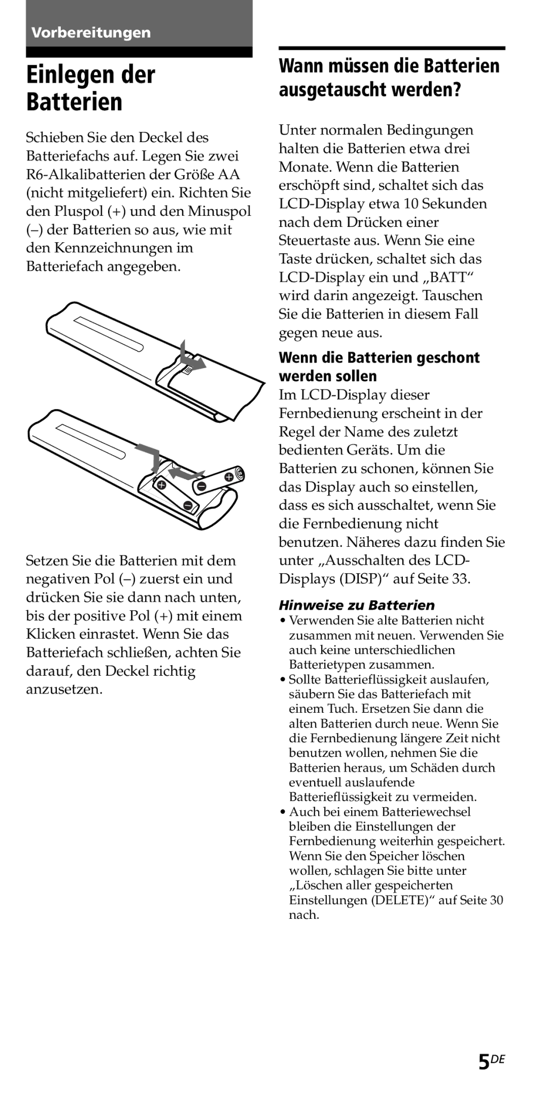 Sony RM-VZ950T Einlegen der Batterien, Wenn die Batterien geschont werden sollen, Hinweise zu Batterien 