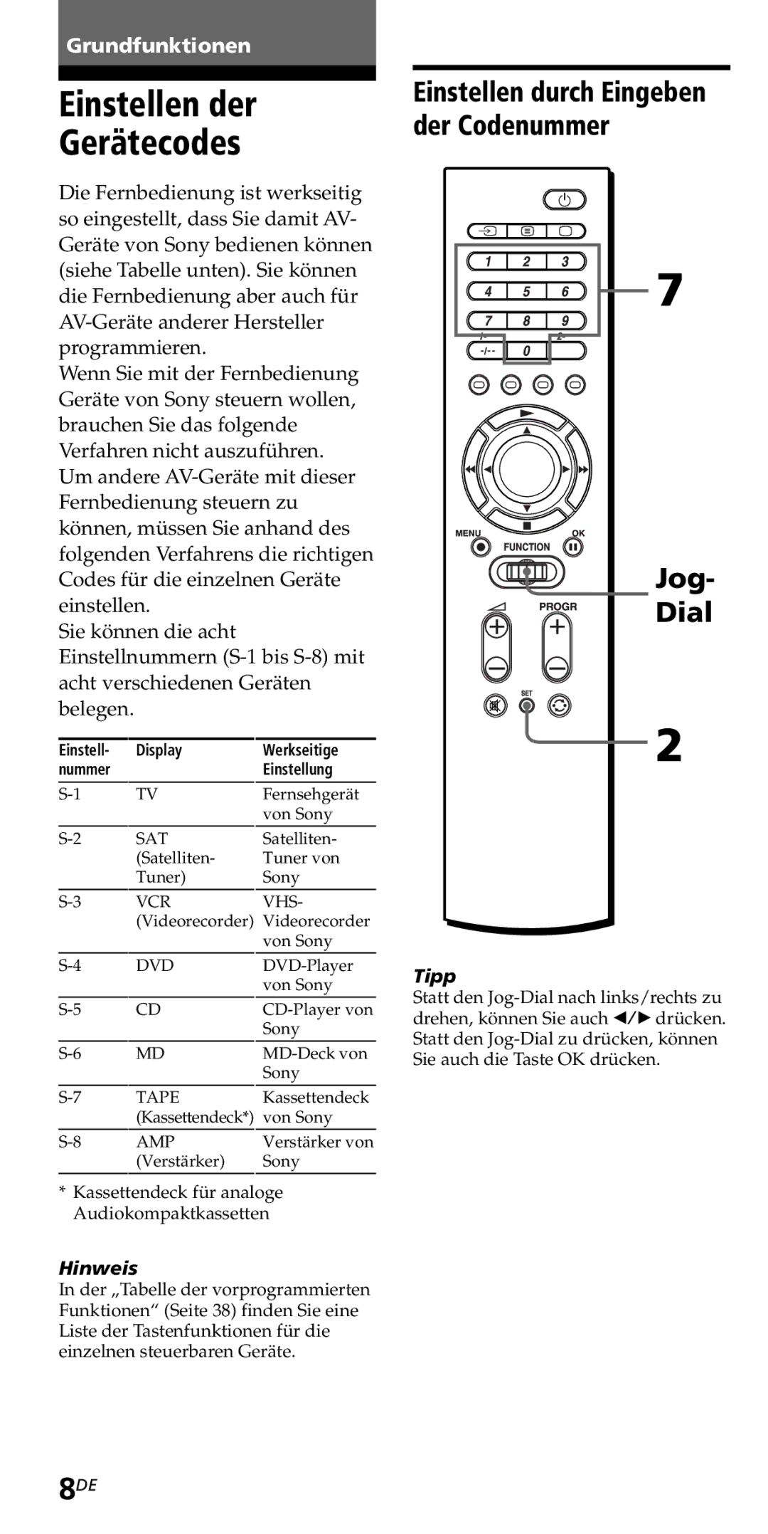 Sony RM-VZ950T operating instructions Einstellen der Gerätecodes, Jog Dial 