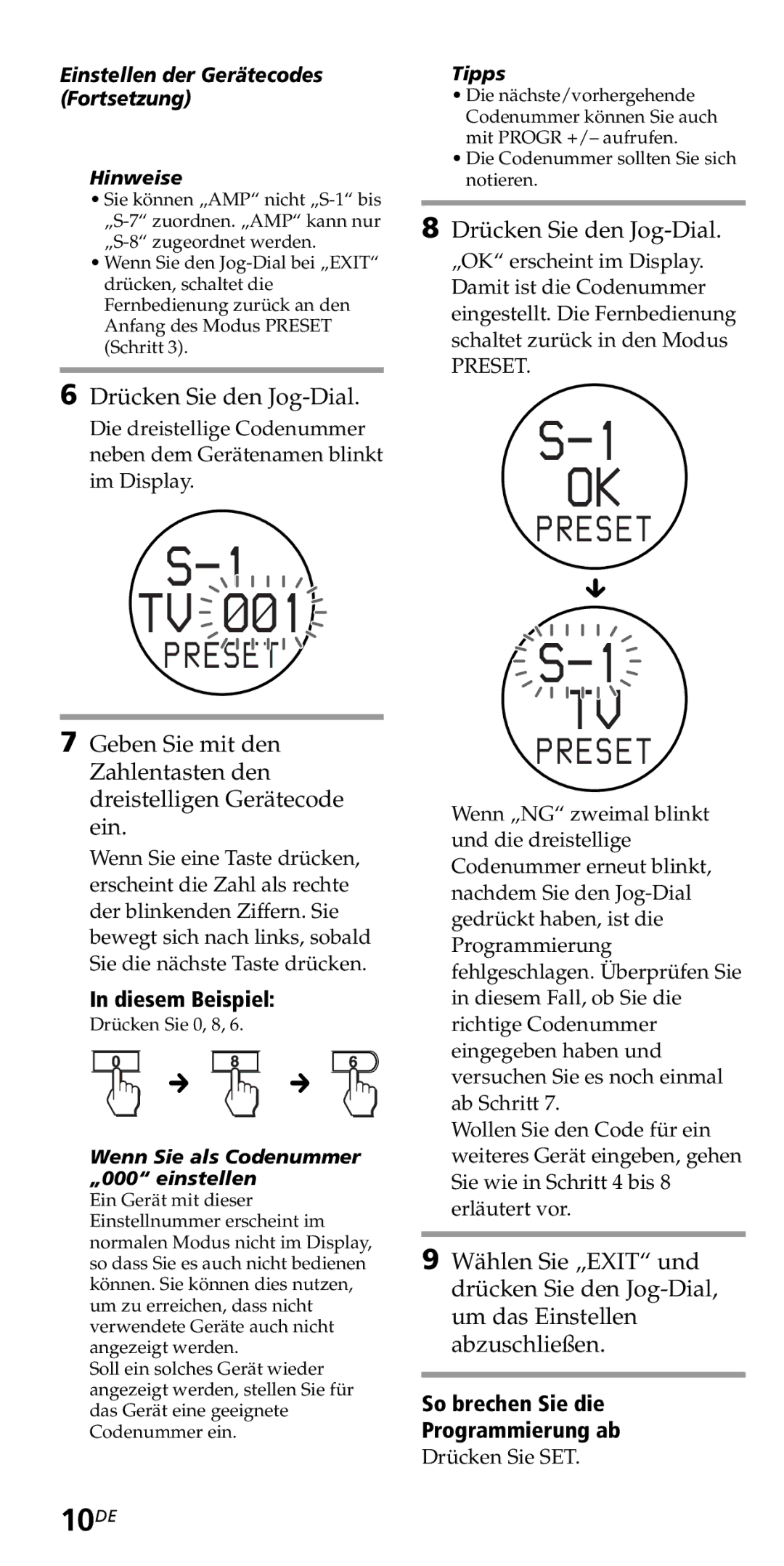 Sony RM-VZ950T operating instructions 10DE, Diesem Beispiel, So brechen Sie die Programmierung ab 