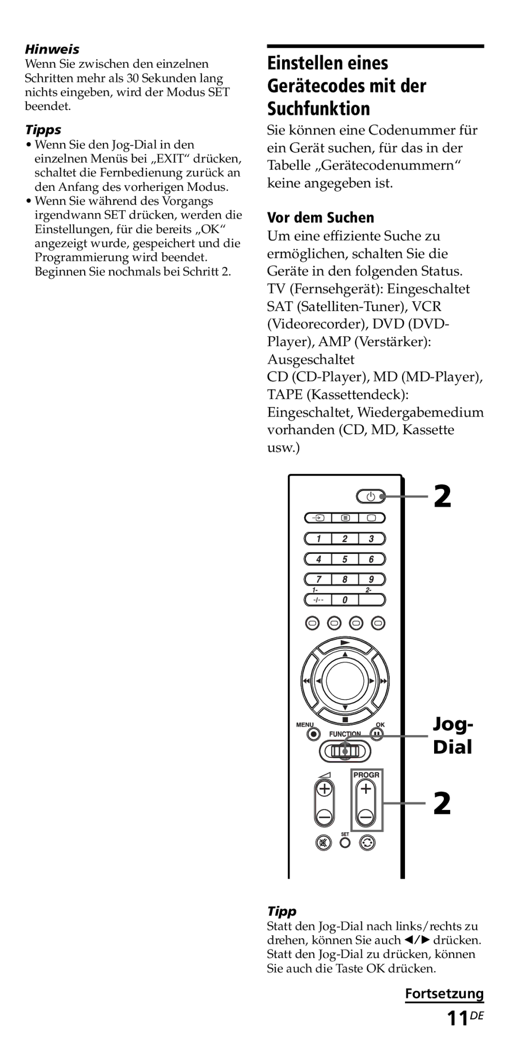 Sony RM-VZ950T operating instructions 11DE, Einstellen eines Gerätecodes mit der Suchfunktion, Vor dem Suchen 