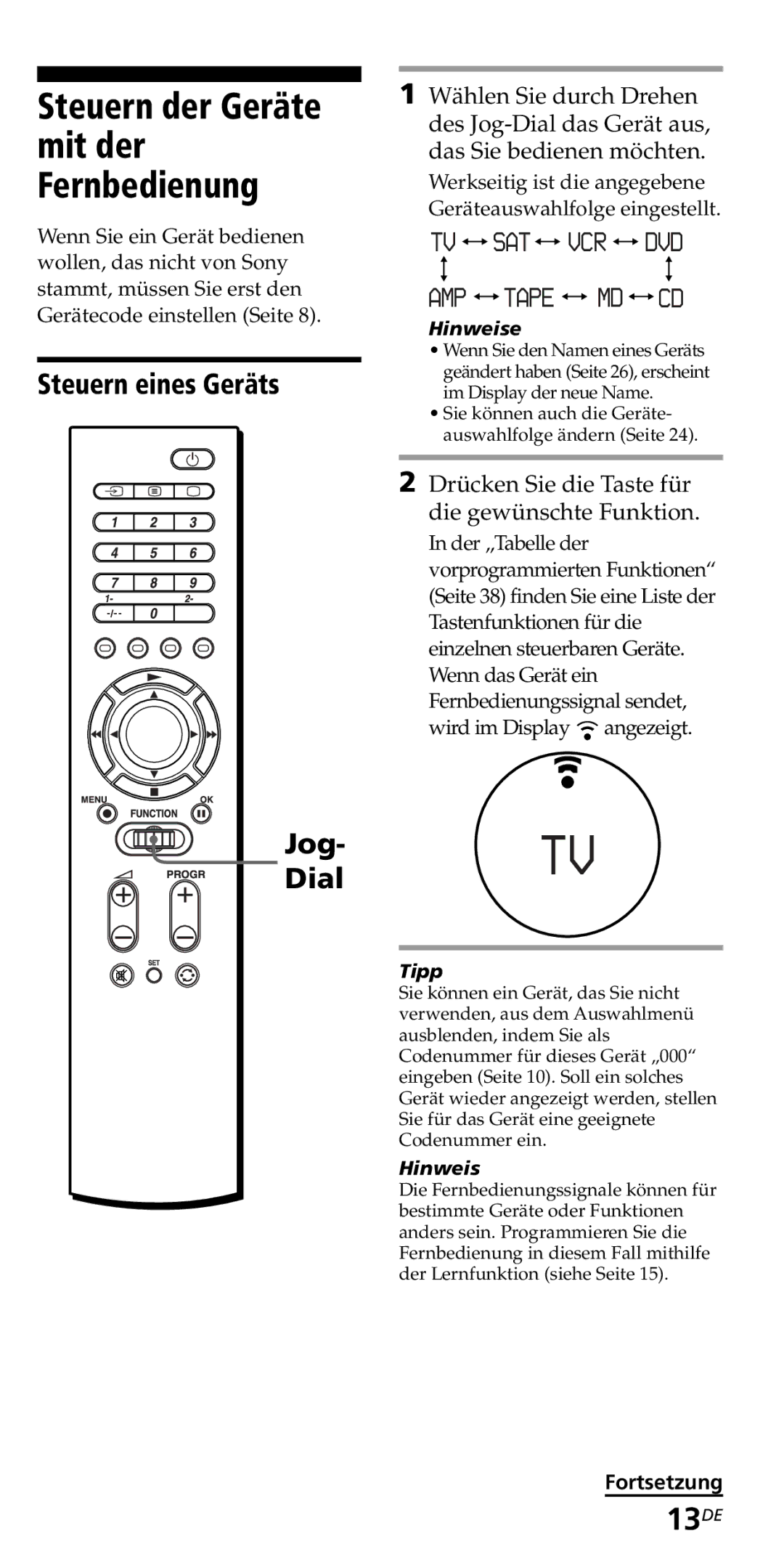 Sony RM-VZ950T operating instructions Steuern der Geräte mit der Fernbedienung, 13DE, Steuern eines Geräts, Jog- Dial 