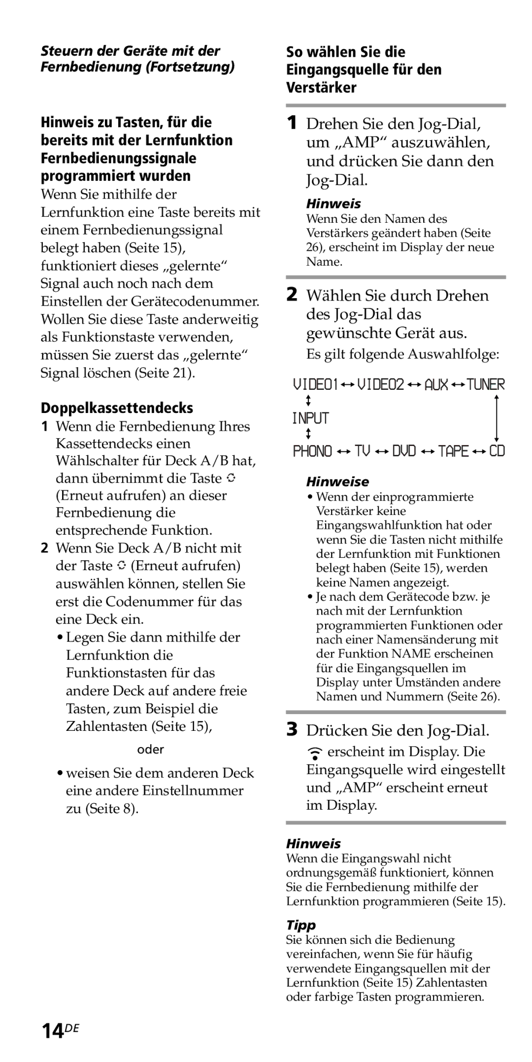 Sony RM-VZ950T operating instructions 14DE, Doppelkassettendecks, So wählen Sie die Eingangsquelle für den Verstärker 